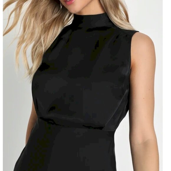 Lulus Classic Elegance Black Satin Sleeveless Mock Neck Maxi Dress Medium NWOT - Picture 3 of 6